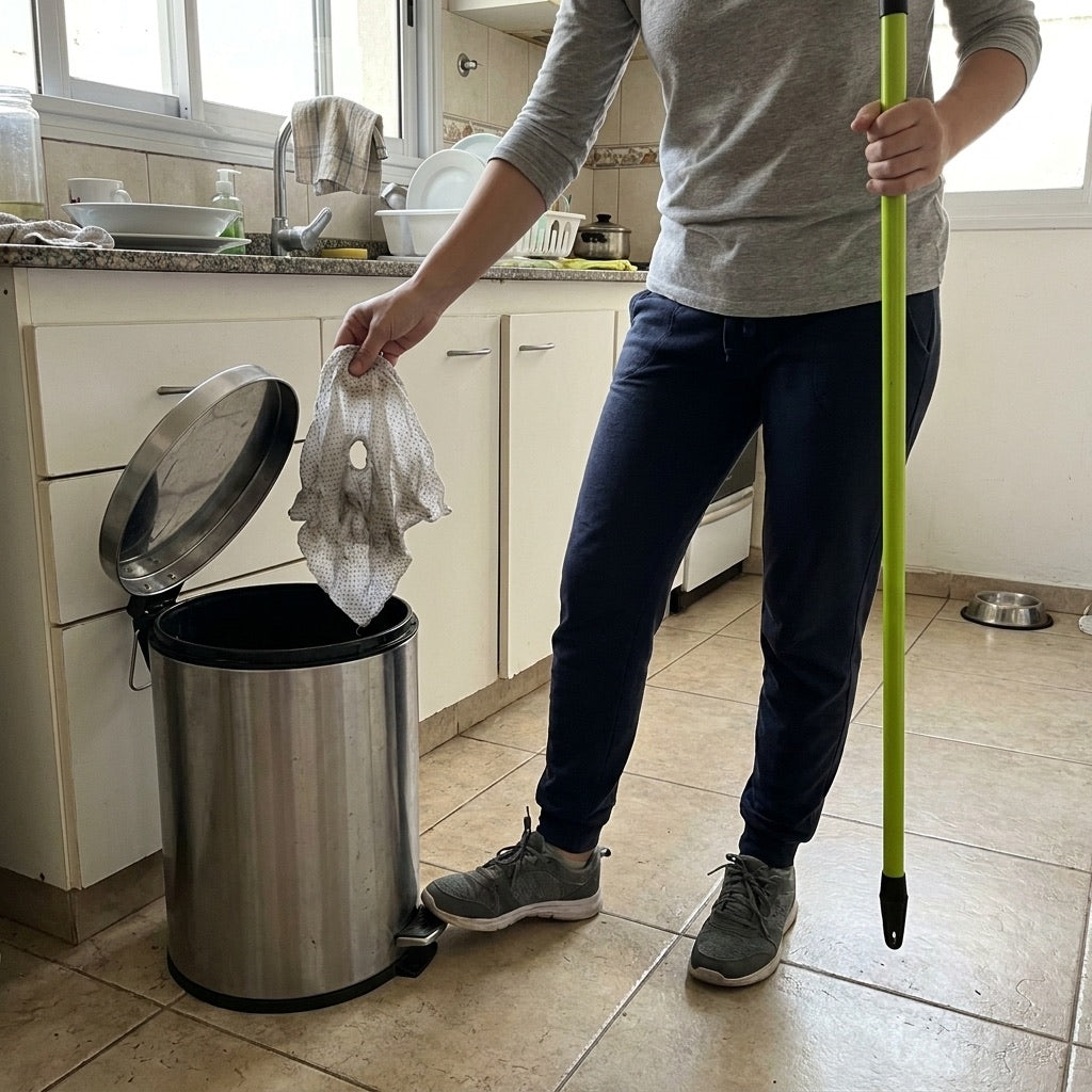 Tirando al tacho el trapo de piso descartable Impeke despues de una pasada