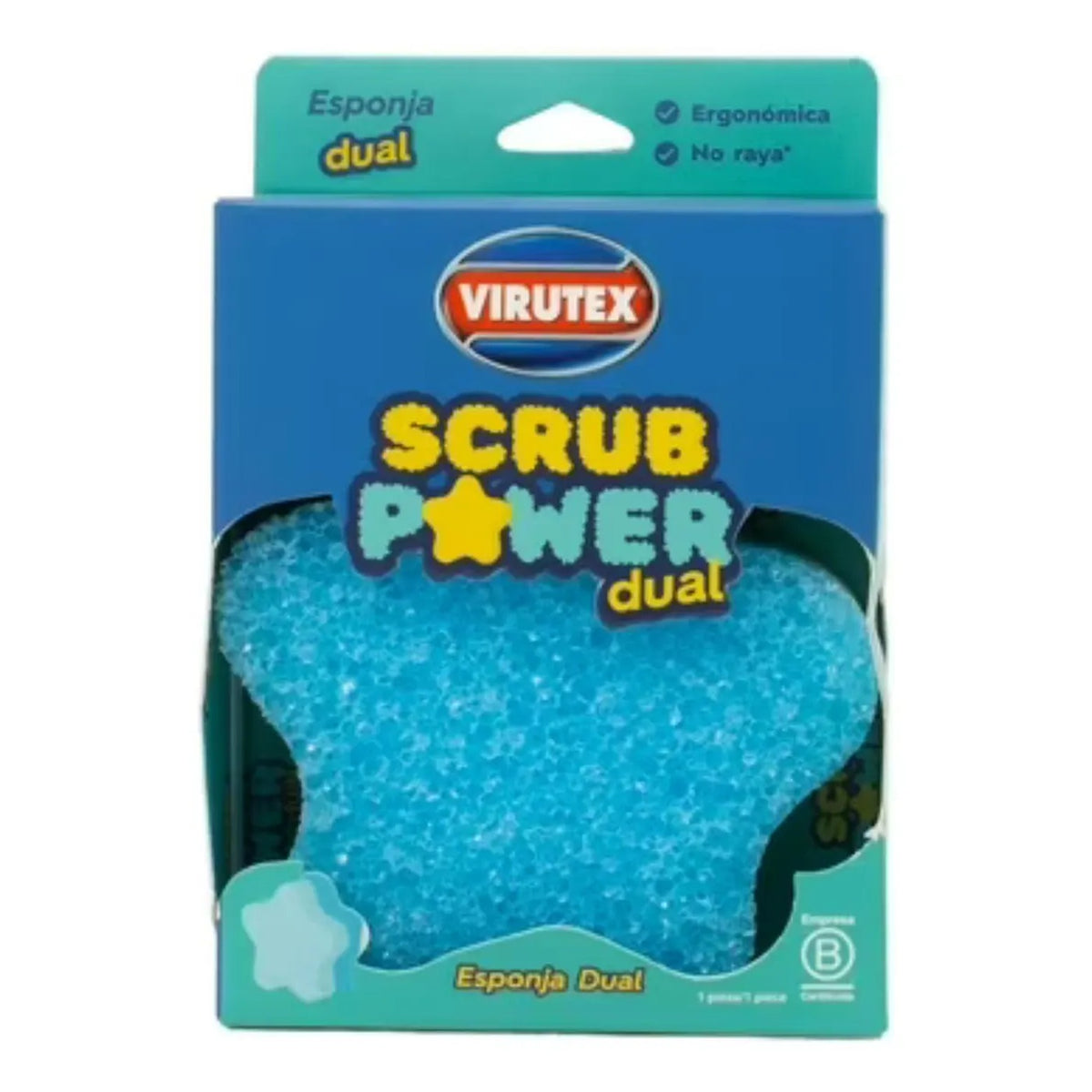 Esponja Scrub Power Dual Virutex azul en su envase