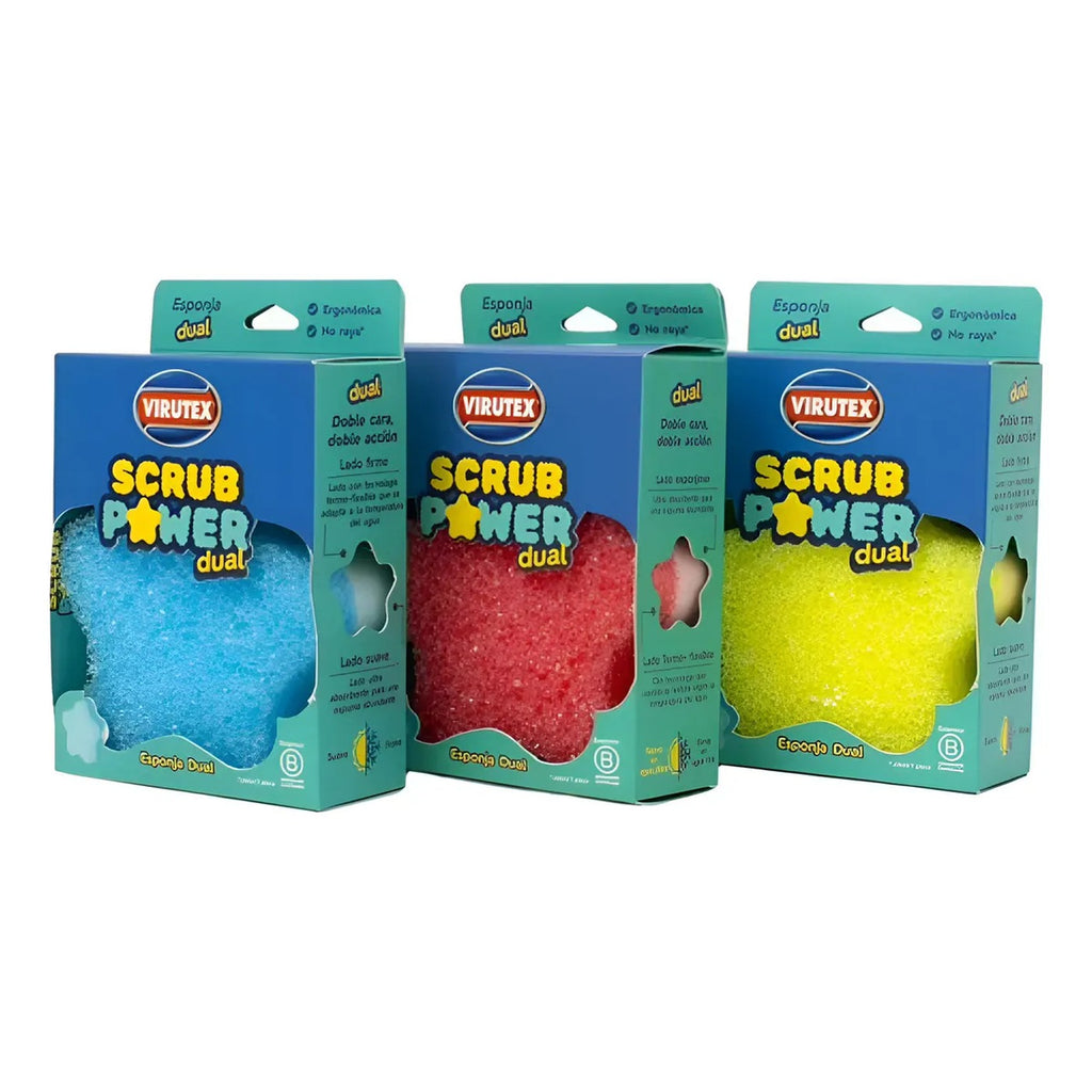 Los tres envases de la esponja Scrub Power Dual uno al lado del otro