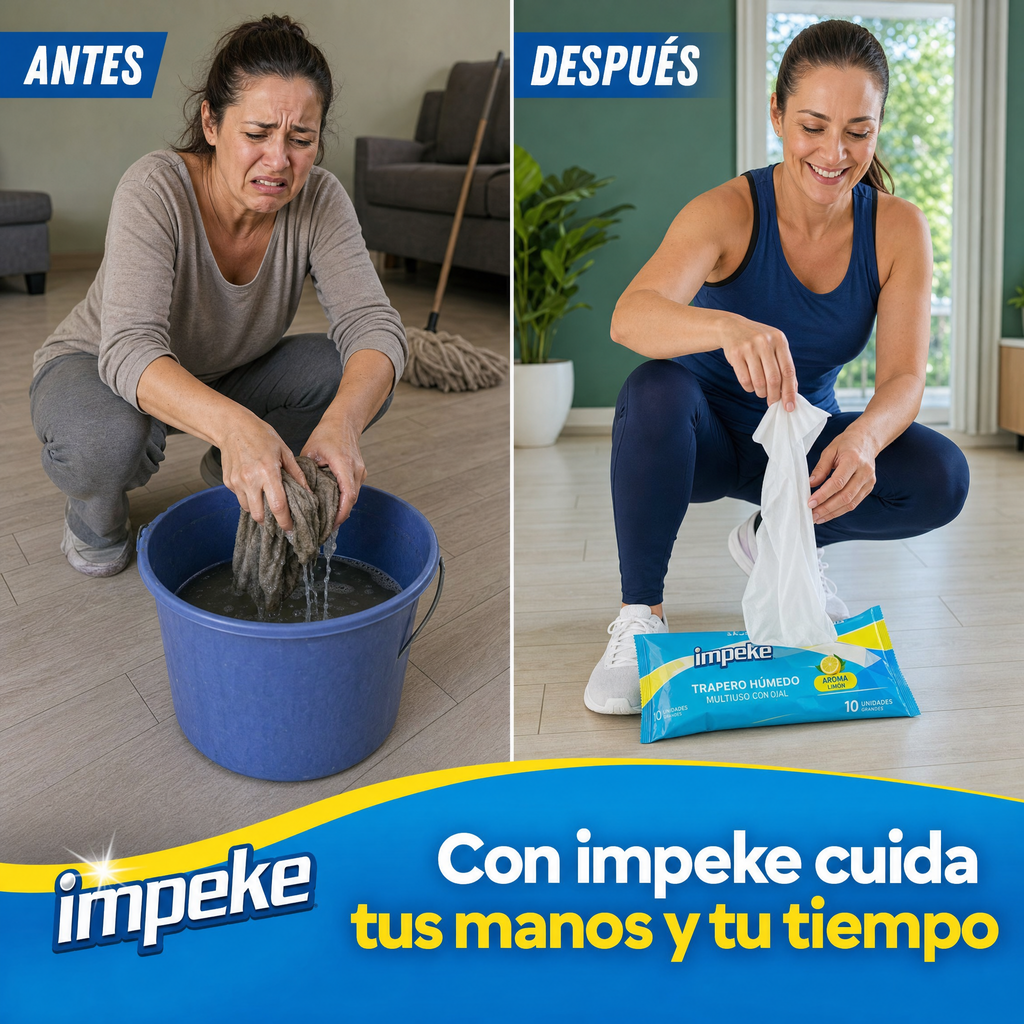 Antes, escurrir el trapo en un balde con agua sucia; después, sacar un paño descartable Impeke del paquete