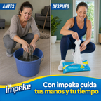 Antes, escurrir el trapo en un balde con agua sucia; después, sacar un paño descartable Impeke del paquete