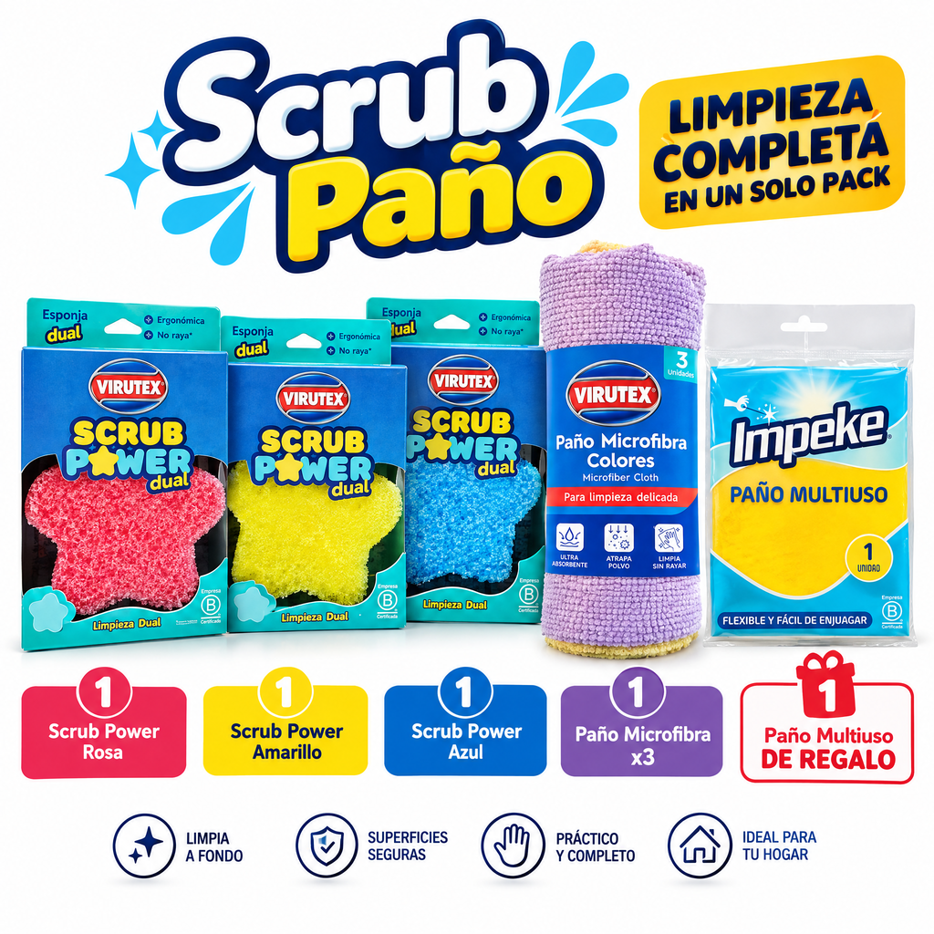 Combo Scrub Paño - 3 Scrub Power + 3 Paños Microfibra + 1 Paño Multiuso