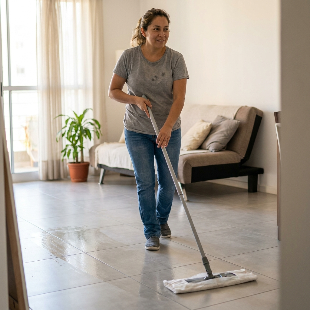 Mujer pasando el trapo de piso desechable Impeke en el piso de un departamento