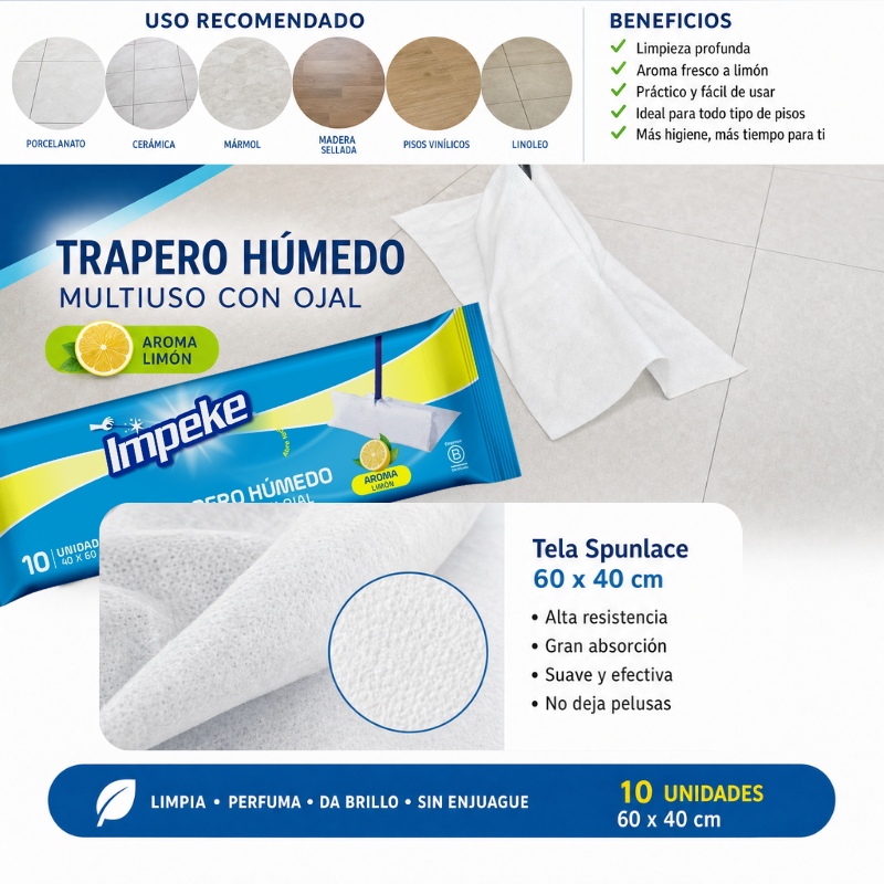 Paño descartable Impeke de 60 x 40 cm, 10 unidades, aroma limón, apto para distintos tipos de piso