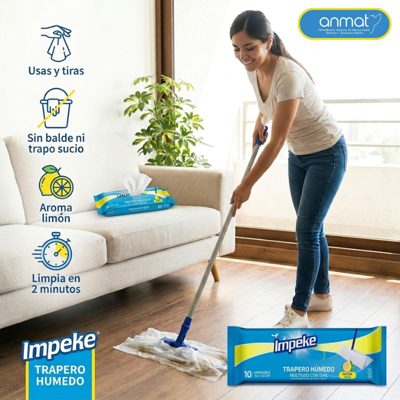 Mujer limpiando el piso con el trapo de piso descartable Impeke; al lado, el paquete de 10 unidades