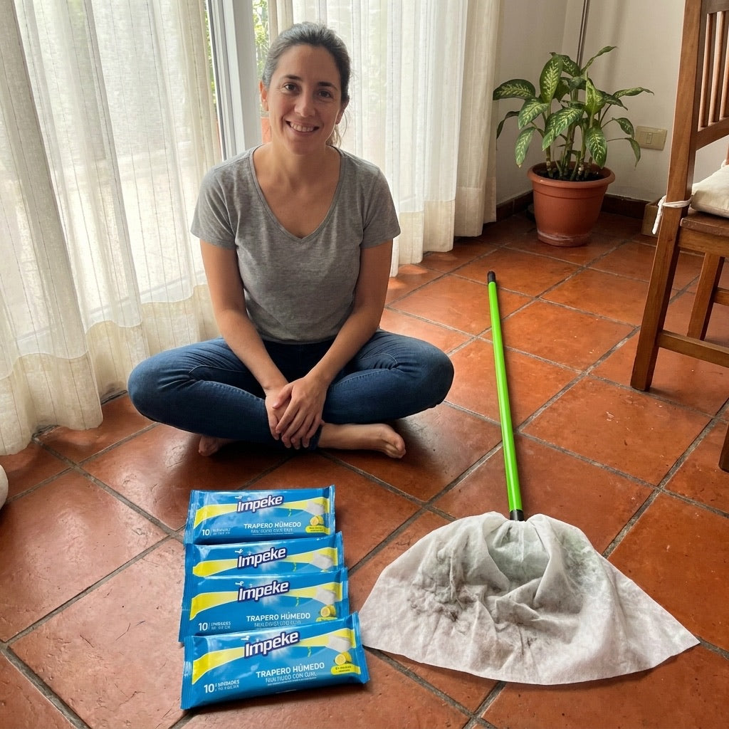 Persona usando el trapo de piso Impeke en su casa